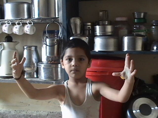 Childhood photo in a kitchen